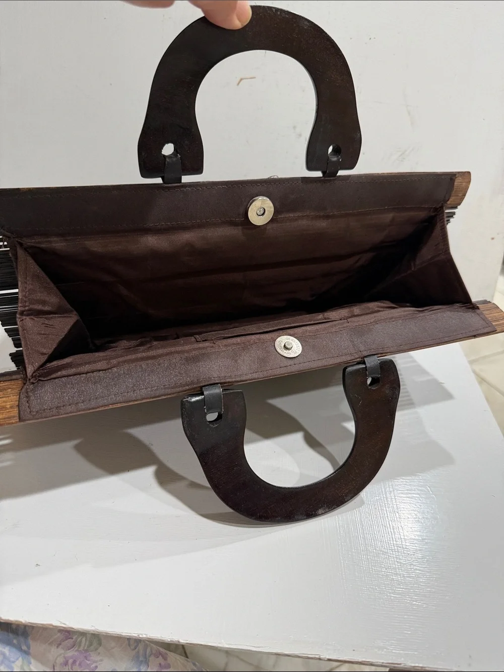 Dark Brown Thin Connected Rolling Bamboo Wood Handle Bag Purse Vintage Unique